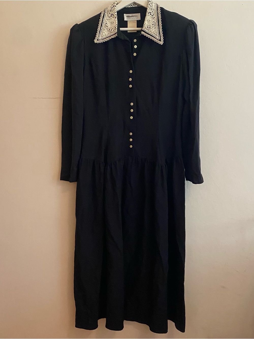 Gunne Sax Black Long Sleeve Dress with White Lace Collar Sz 13 /M